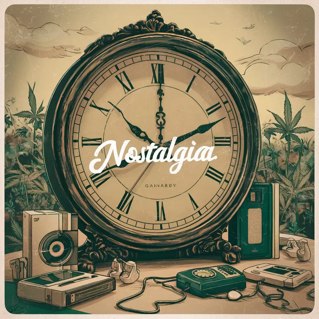 Create an image that evokes a sense of nostalgia and contemplation with a clock being the center of the image.  The nostalgia needs to be for early 2000s and late 1990s. the clock on display should be pointing to the time 4:20. it needs to be marijuana themed. Text needs to say NOSTALGIA
