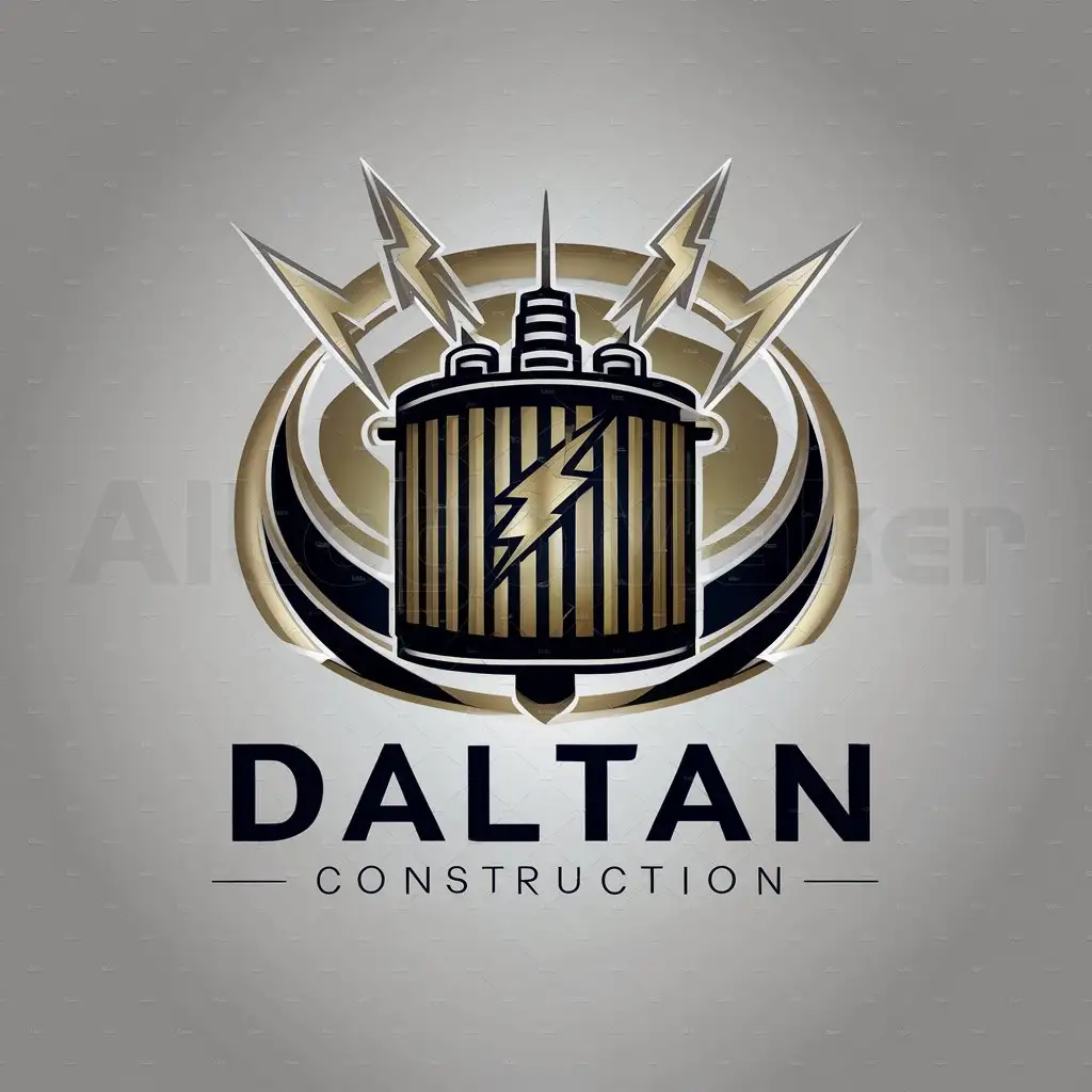 a logo design,with the text "DALTAN CONSTRUCTION", main symbol:electrical transformer with lightning volt behind color gold and black,Moderate,clear background