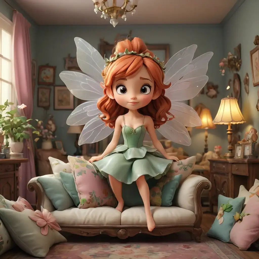 A beautiful small  fairy, 3D, Disney Style, in a whimsical living room with  a lot of pillows