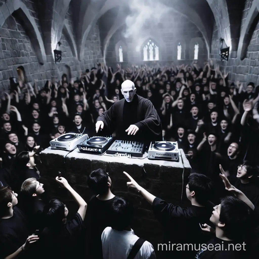 Recreate this image of voldemort djing for wizard students in 1996 in a castle