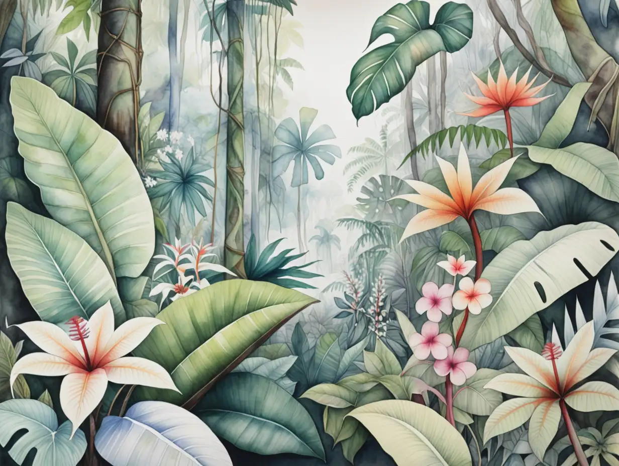 pale watercolor print of a rainforest with big leaves and flowers
