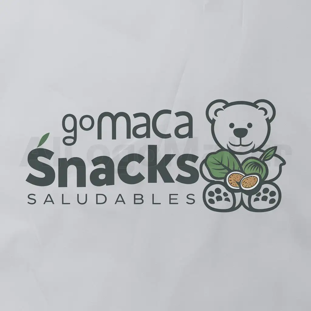 LOGO-Design-For-GOMACA-Snacks-Saludables-Playful-Teddy-Bear-with-Spinach-and-Passion-Fruit