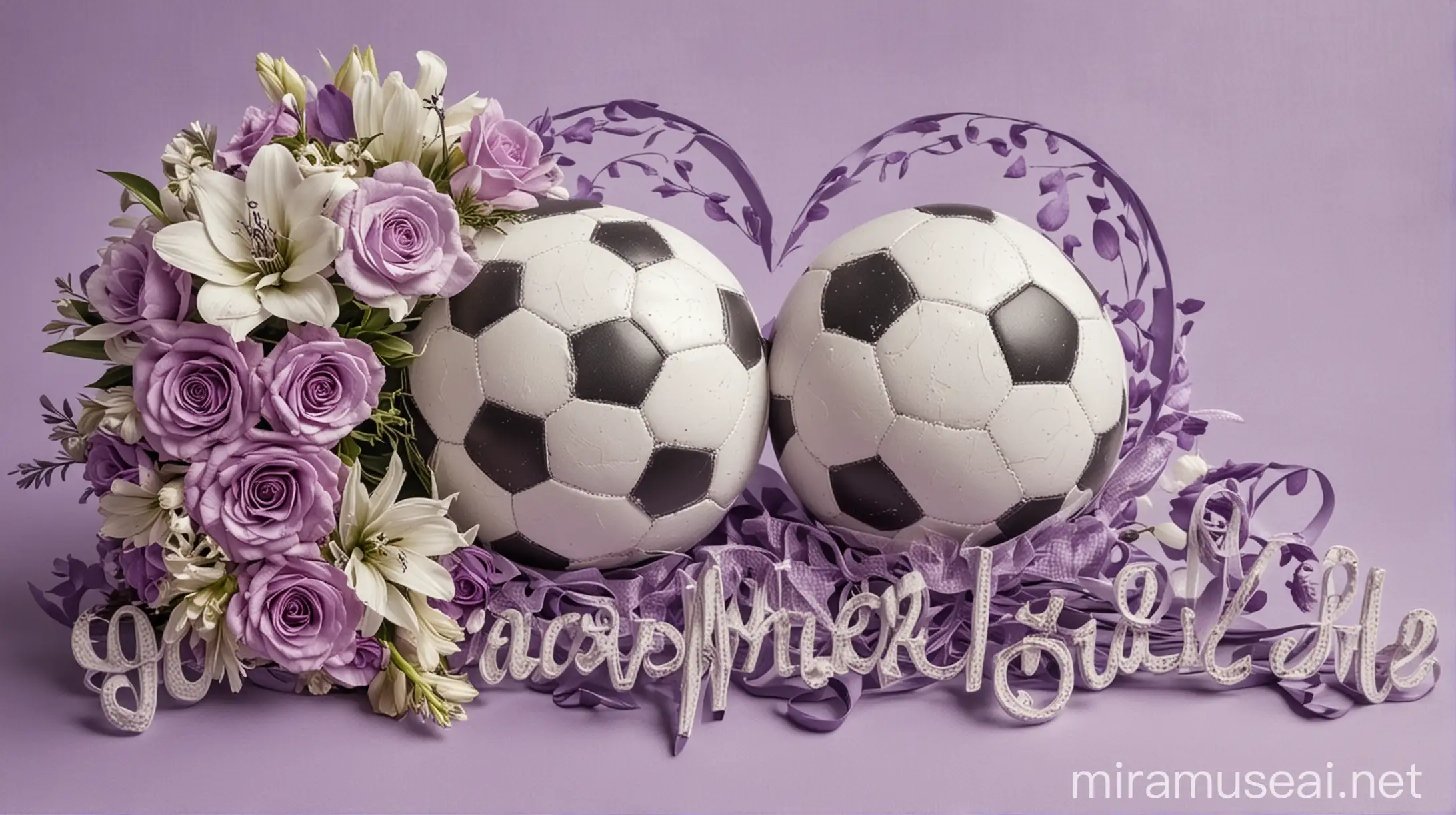 /pencil style /design a wedding greeting card for Ricsi and Anett featuring soccer and love /use soft violet tones /use flowers and soccer balls