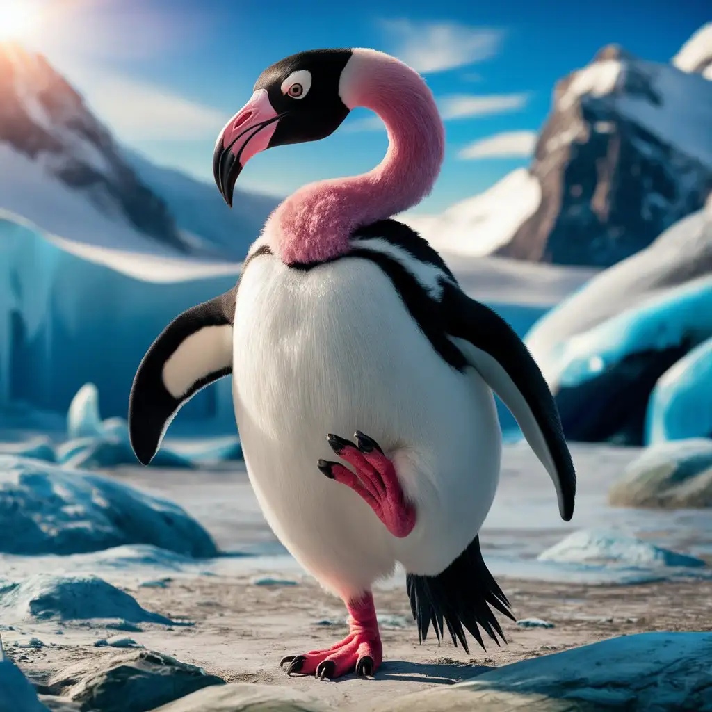 Bild eines Flinguin, das ist ein Tier, dss eine Mischung aus Pinguin und Flamingo ist