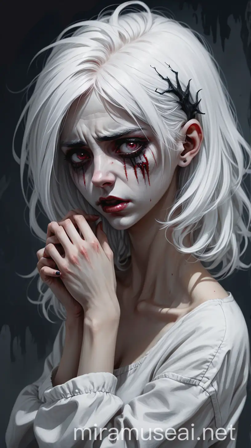 1girl (Holding a head in hand),crazy,white hair, (masterpiece, top quality, best quality,),art,,highest detailed Terror, Dark, and gloomy <lora:Terror1:0.6>