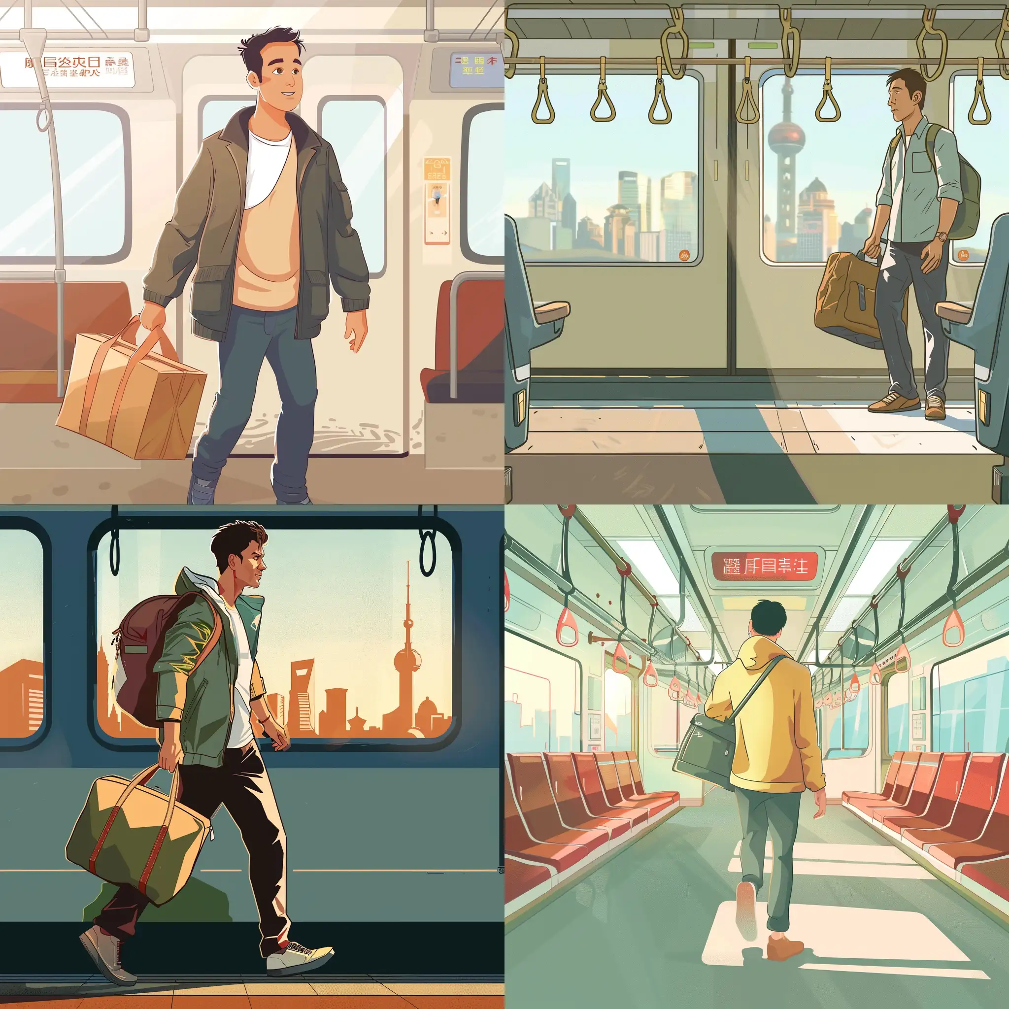 cartoon style, a man is carrying a bag on the train to Shanghai