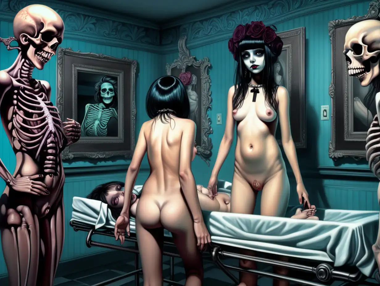 весёлые девочки готы 11 лет осматривают голый труп женщины в морге хоррор нуар барокко высокодетализированное красочное изображение