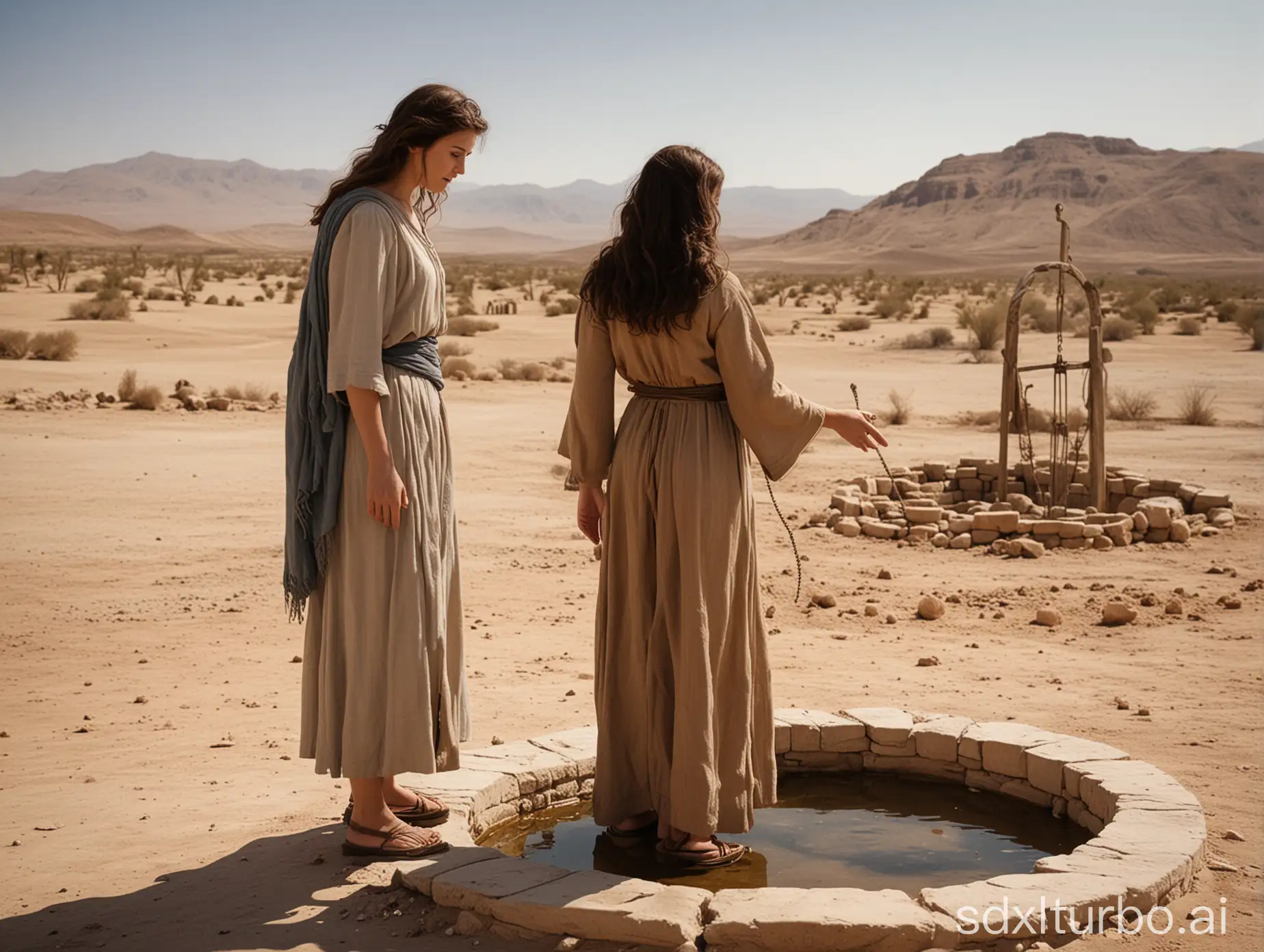 woman from biblical times looking at well in the desert