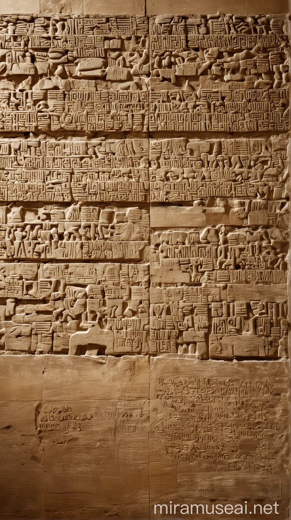 A split-screen image showing the cryptic message on the wall ('Mene, Mene, Tekel, Parsin') alongside Daniel's interpretation of its meaning ('God has numbered your kingdom...'). The background should feature a subtle pattern or design reflecting ancient Babylonian culture."In ancient world 