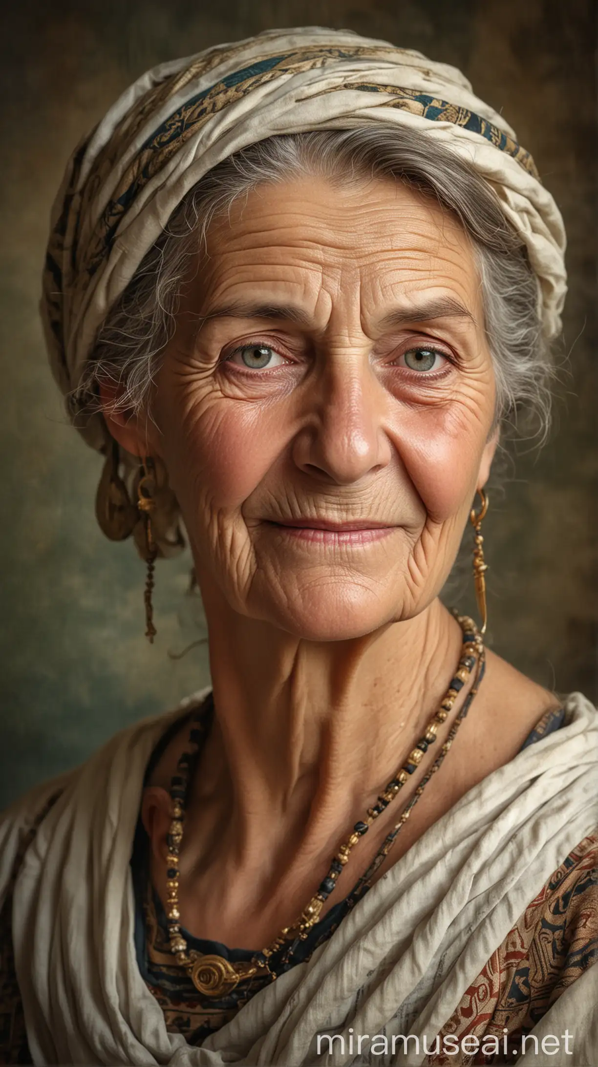 A portrait of an elderly woman with a gentle expression, dressed in traditional ancient Greek clothing, with a subtle smile and a hint of wisdom in her eyes."In ancient Jew