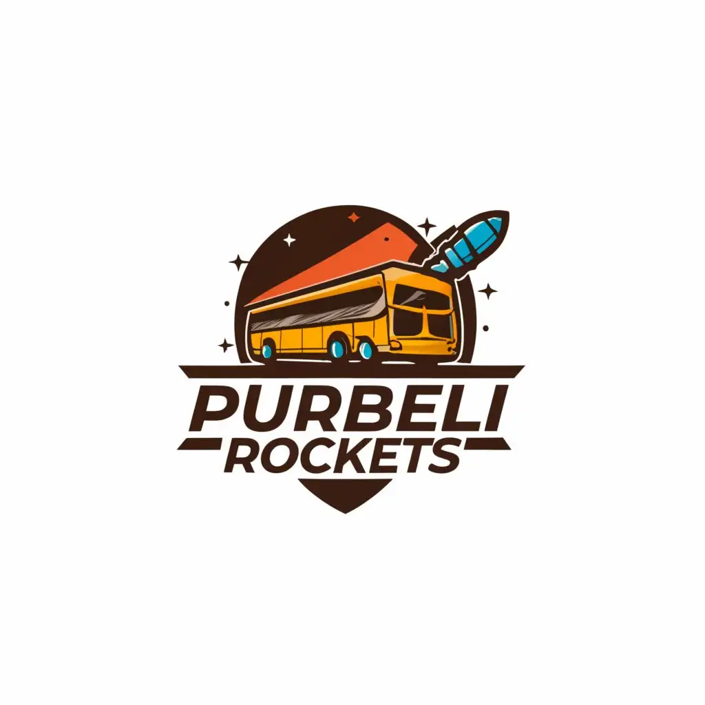 a logo design,with the text "Purbeli Rockets", main symbol:Bus with rockets,Moderate,be used in Travel industry,clear background
