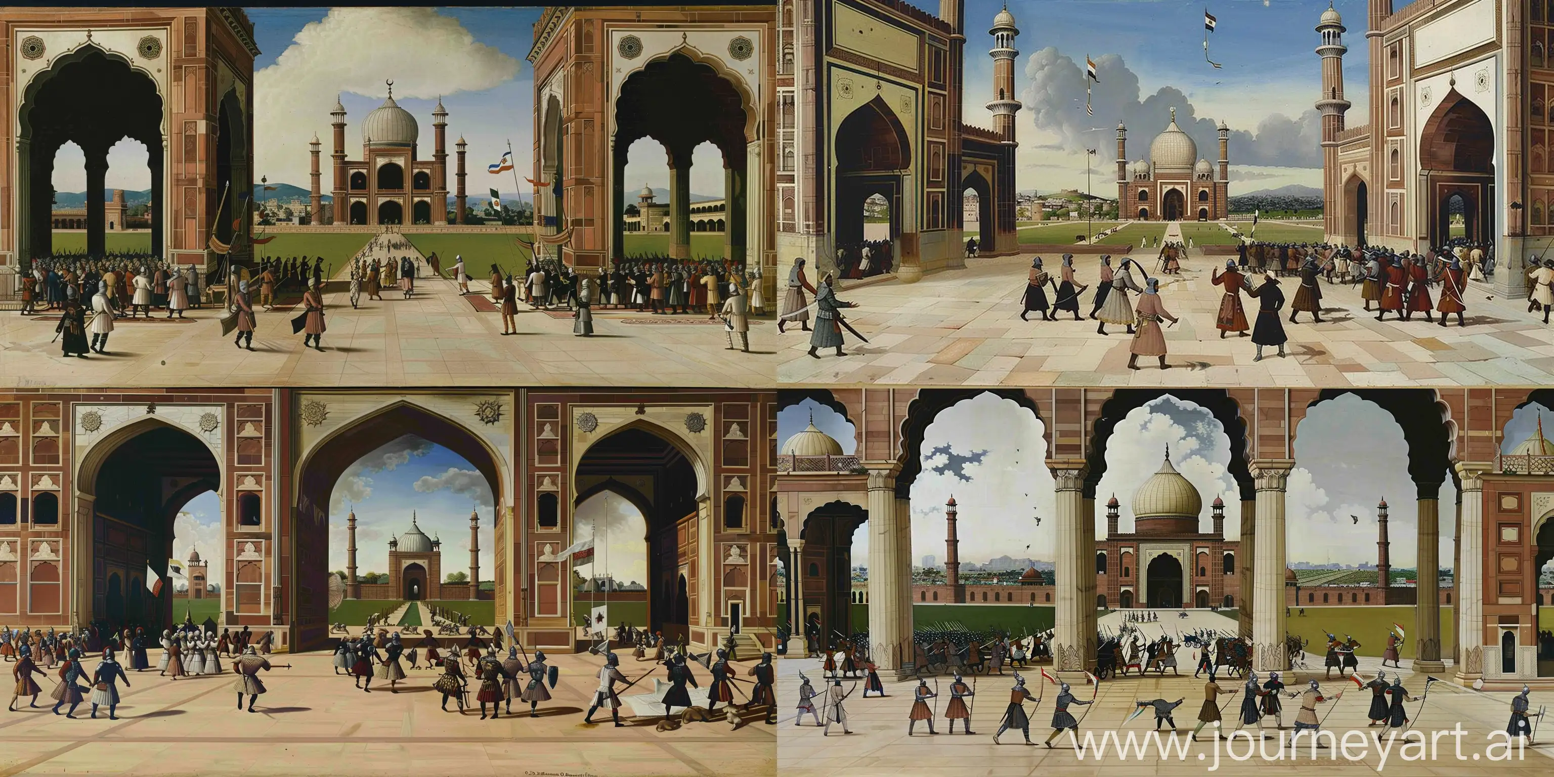 medieval Renaissance painting depicting a medieval battle scene between saracen knights and crusaders, in the courtyard of "Delhi Jama masjid", lush green field in the background, cloudy sky, Knights carrying flags and banners, dark weather --ar 6:3 --v 6 --sref https://cdn.discordapp.com/attachments/1209182749441654865/1247644078070566992/Raffaello_-_Spozalizio_-_Web_Gallery_of_Art.jpg?ex=66621818&is=6660c698&hm=49cdfba24c1daa1010a13a6cfed345f6e2155a91c150a1aeace8309371da7c58& --cref <https://cdn.discordapp.com/attachments/1213041174428782623/1248168666818678875/jama-masjid-delhi.jpg?ex=6662af28&is=66615da8&hm=4a5c245cbffdfe8a32bb2e1f4a8a918bdcfa7493dfdf76f23d130c91854c26d0&> --cw 99 --sw 999 --q 1