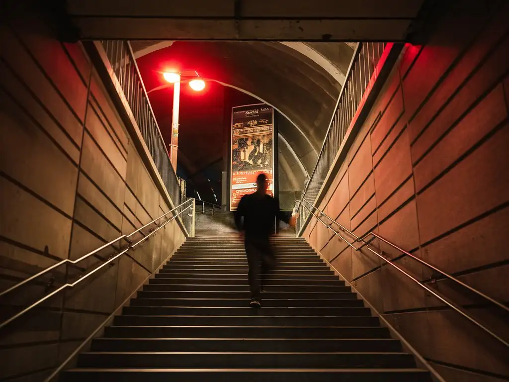 photography, a man, move blur, stair, Rational lines of light and shadow, red street light, a huge poster on the wall, in a tunnel, by Karlito van dango