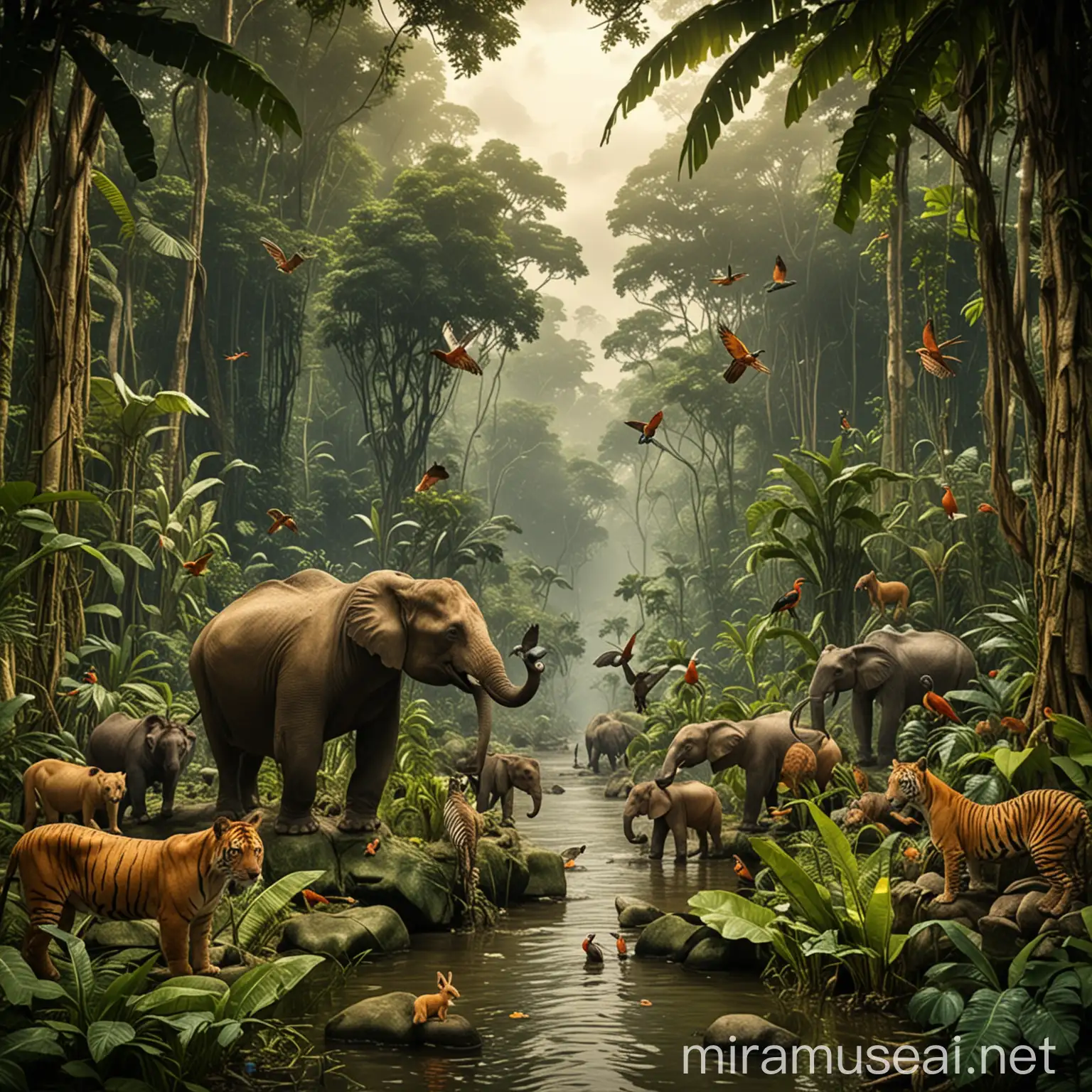 Vibrant Amazon Jungle Scene with Diverse Wildlife