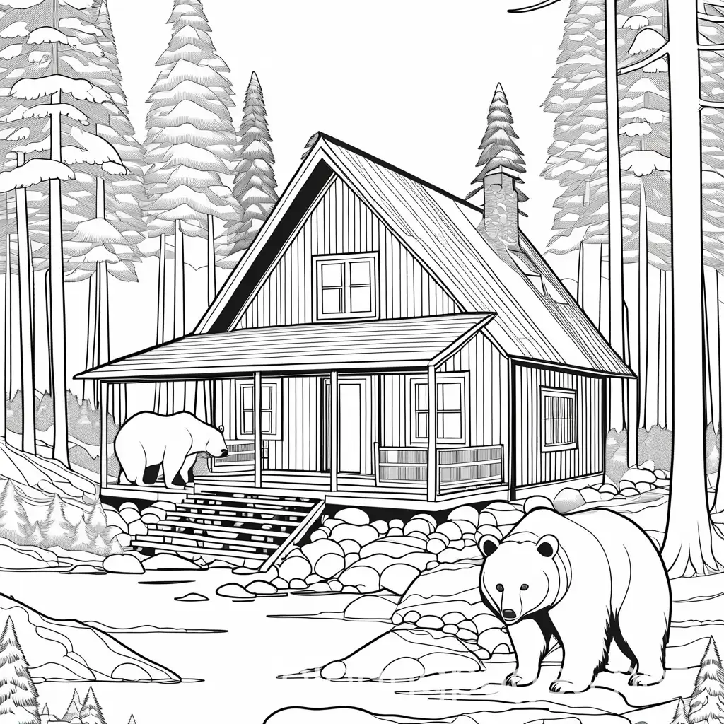 bear and cabin, Coloring Page, black and white, line art, white background, Simplicity, Ample White Space. The background of the coloring page is plain white to make it easy for young children to color within the lines. The outlines of all the subjects are easy to distinguish, making it simple for kids to color without too much difficulty