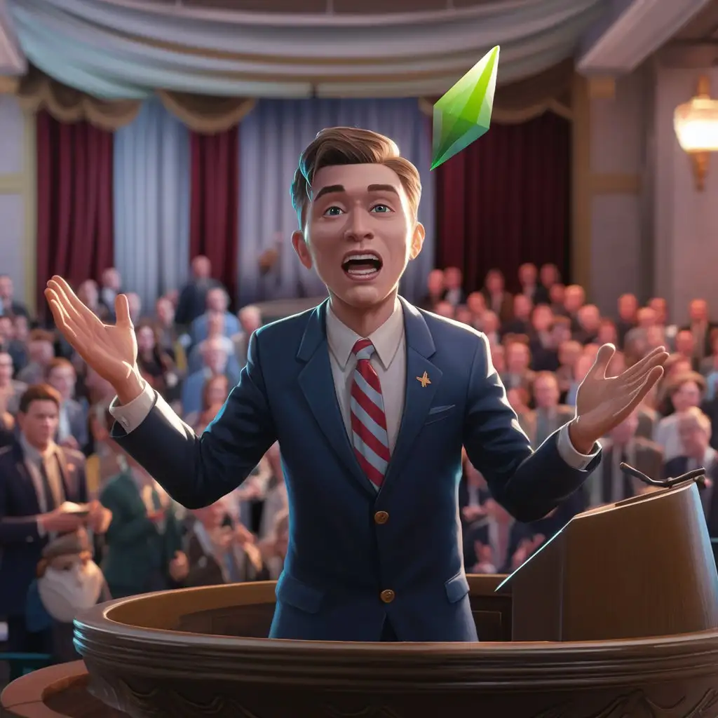 Young Politician Speaking on Stage with Green Plumbob
