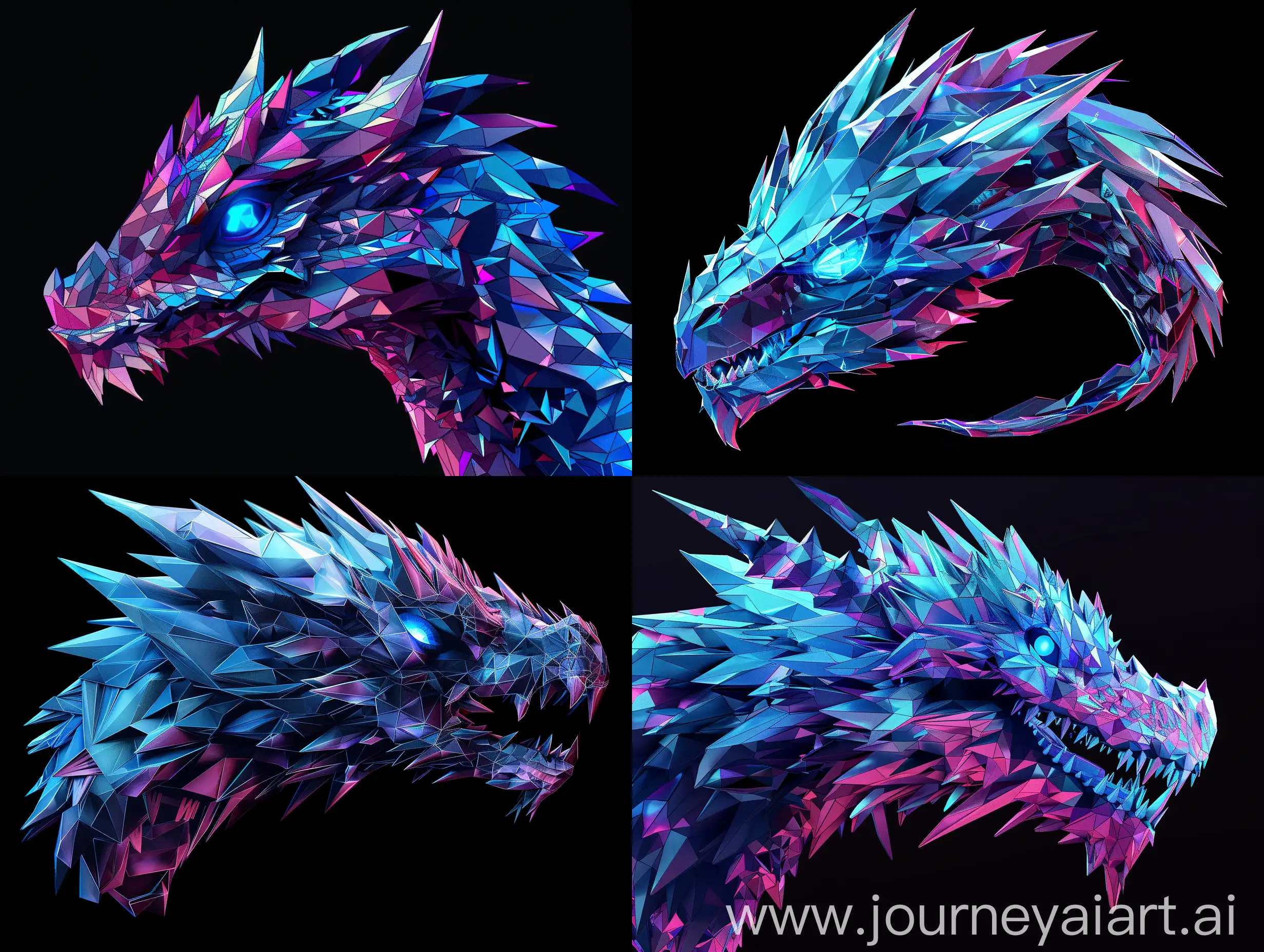 Create a highly detailed image of a fantastical dragon head in a low poly art style. The dragon should have sharp, angular features with a geometric, crystalline structure. The color palette should consist of vibrant shades of blue, purple, and pink, creating a dynamic and visually striking contrast. The dragon's eye should be prominently visible, glowing intensely with a deep blue hue. The background should be pure black to enhance the vivid colors and intricate details of the dragon's faceted surface