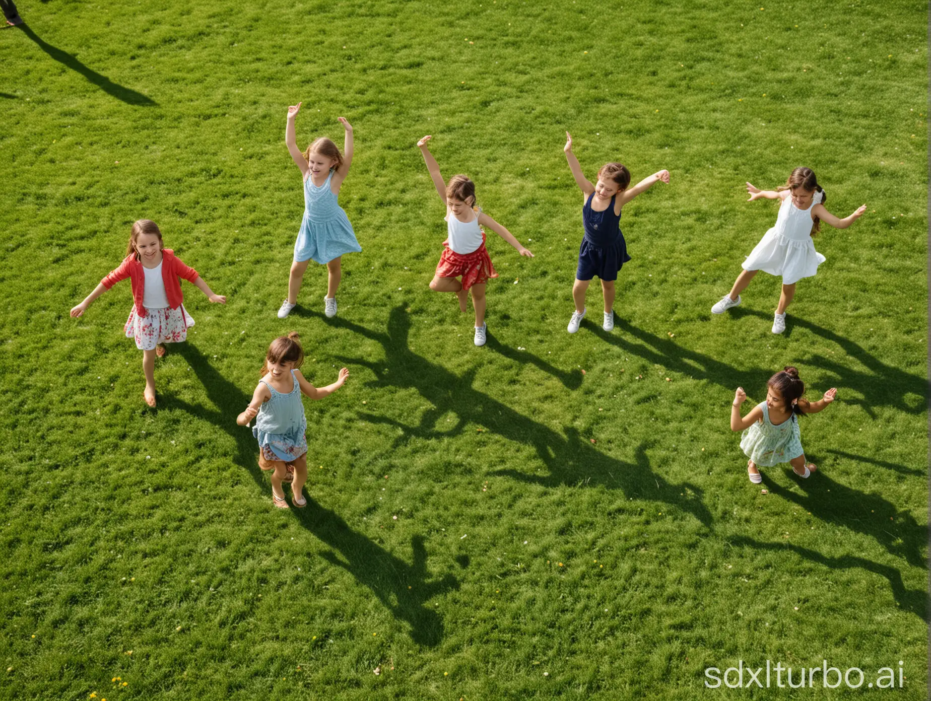 Several children are dancing on the grass.