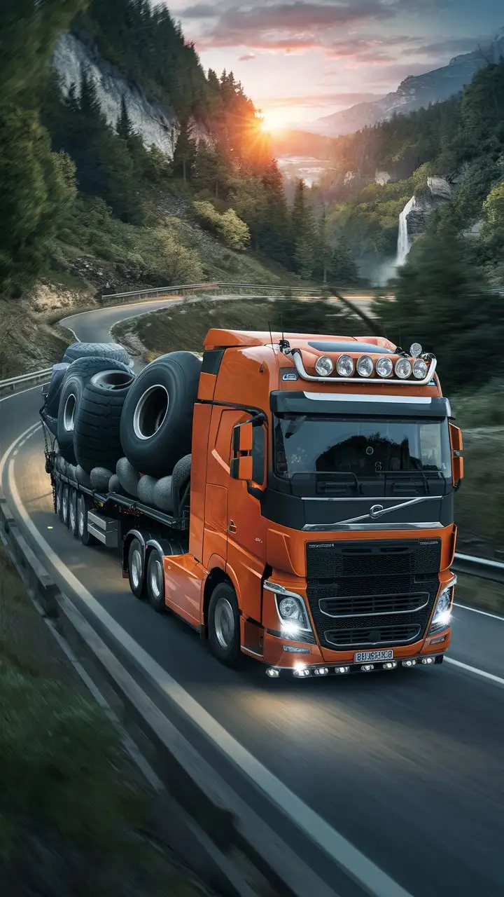 video game screenshot showing a Orange European truck driving on a road, transporting Some Large Tires delivery in its trailer, set in a natural environment.
