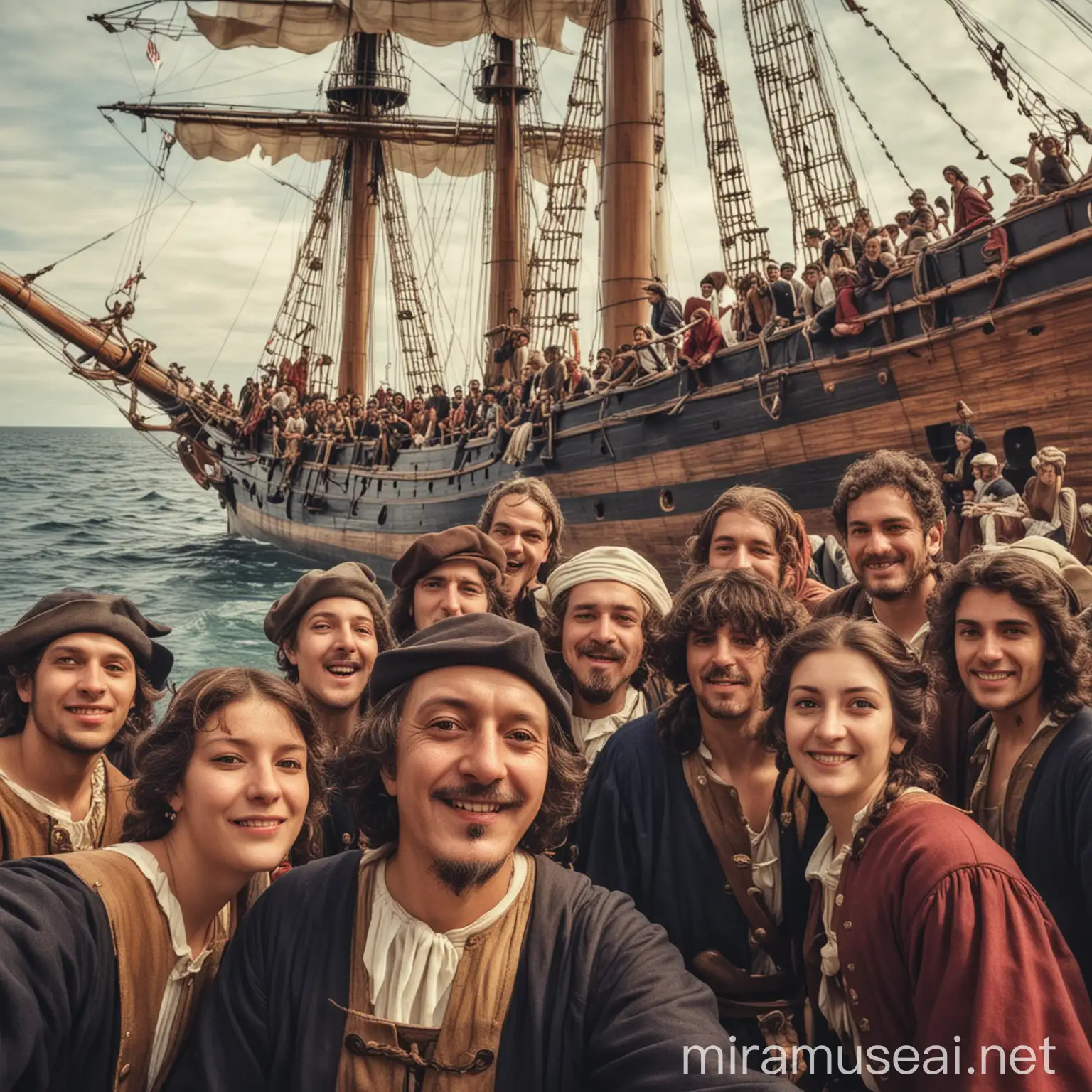 Christopher Columbus and his crew taking a selfie in front of the ship named Nina