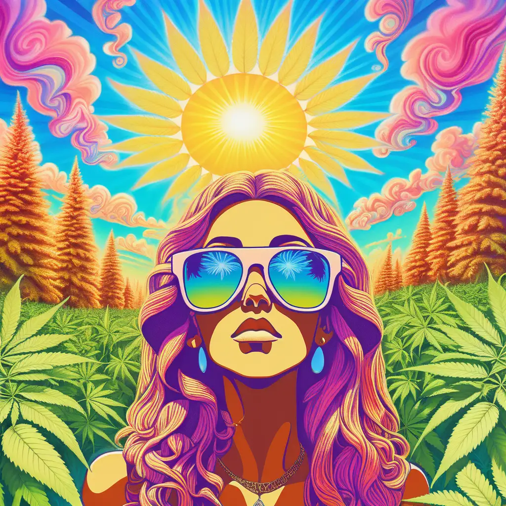A Psychedelic exotic female goddess in a field of cannabis wearing sunglasses, trippy, vibrant colors, sunshine, water, trees, cool clouds