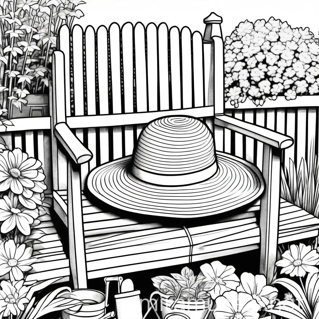 a coloring book page (simple & bold lines) in black and white with a cute asthetic that shows a straw hat on a bench in an english garden. next to it, there are gardening supplies.