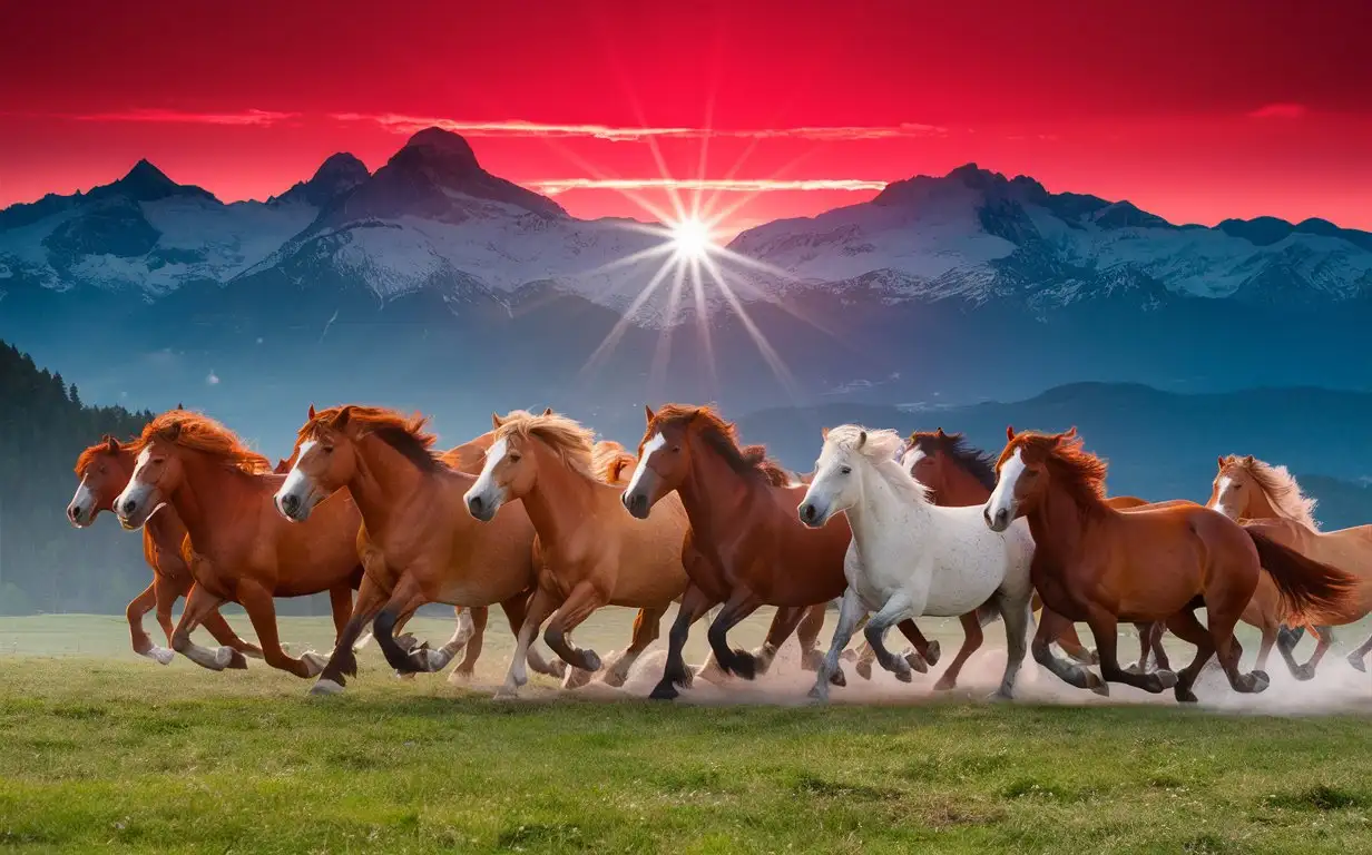  different color horses running trough a green grassland  alps mountains in backround  red sun is rising from the mountains & sun beam is reflecting 