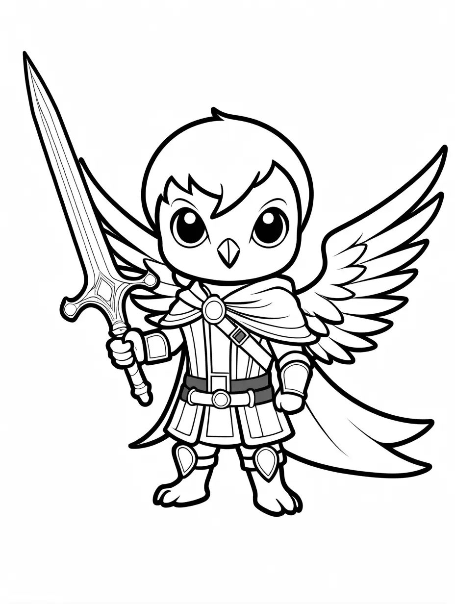 a chibi phoenix bird wearing a cape and a item belt with a crystal sword , Coloring Page, black and white, line art, white background, Simplicity, Ample White Space. The background of the coloring page is plain white to make it easy for young children to color within the lines. The outlines of all the subjects are easy to distinguish, making it simple for kids to color without too much difficulty, Coloring Page, black and white, line art, white background, Simplicity, Ample White Space. The background of the coloring page is plain white to make it easy for young children to color within the lines. The outlines of all the subjects are easy to distinguish, making it simple for kids to color without too much difficulty