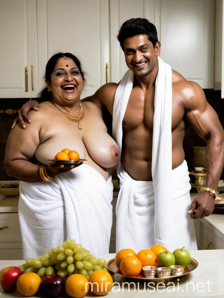 Muscular Indian Man Lifts Joyful Woman in Luxurious Kitchen Scene