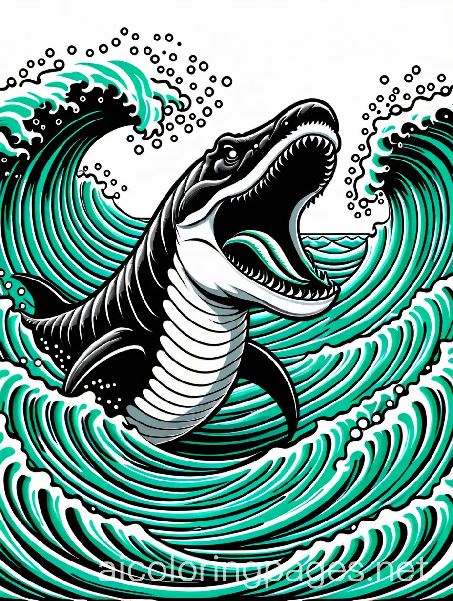 A cartoon Kronosaurus swimming aggressively with its mouth open, showing sharp teeth, surrounded by ocean waves, and small fish. The lines should be thick and clear, without any shading, solid black or fine detail lines., Coloring Page, black and white, line art, white background, Simplicity, Ample White Space. The background of the coloring page is plain white to make it easy for young children to color within the lines. The outlines of all the subjects are easy to distinguish, making it simple for kids to color without too much difficulty