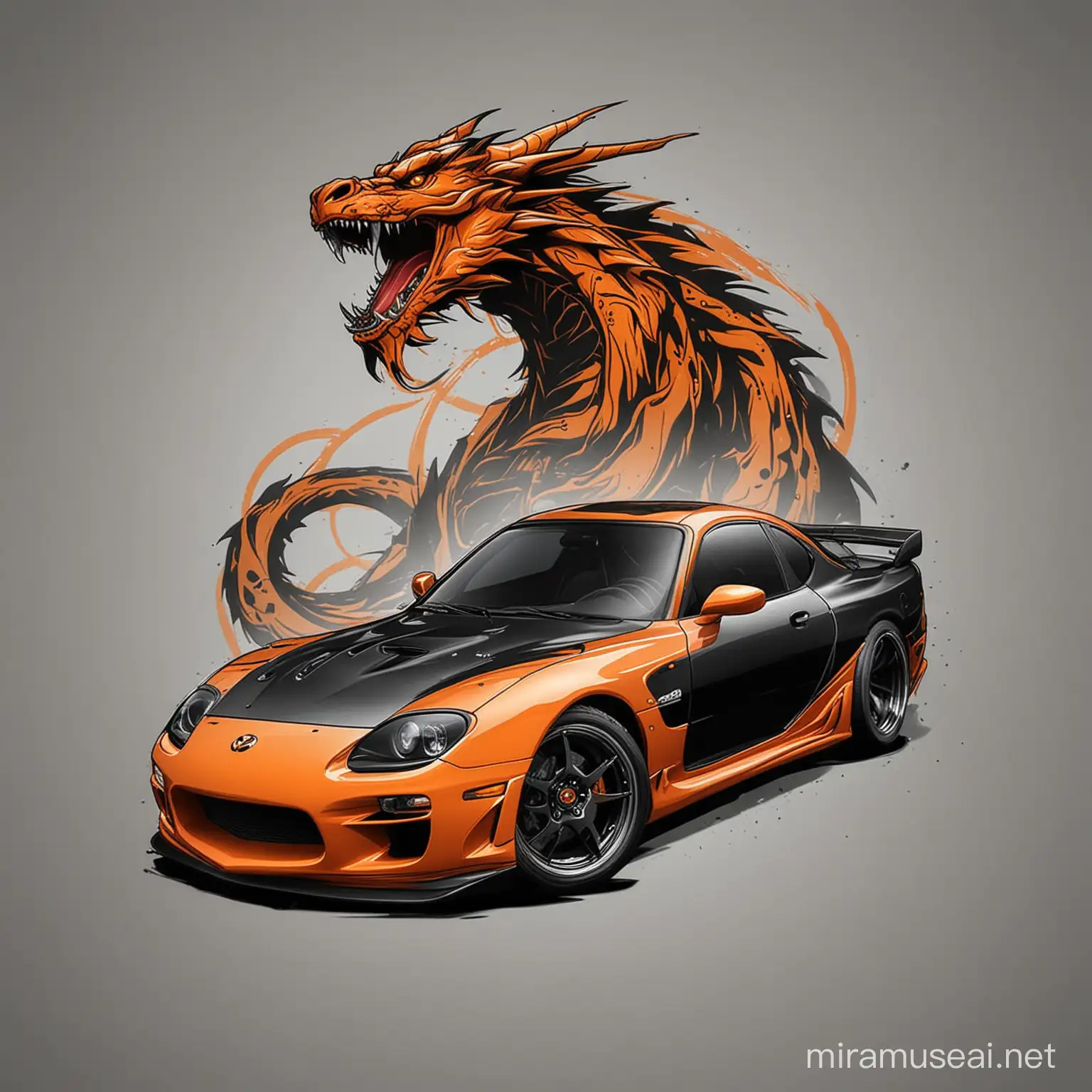 give me a car build of a black and orange mazda RX-7 with an outline of a dragon face in the background; so I can design it to put on a t-shirt
