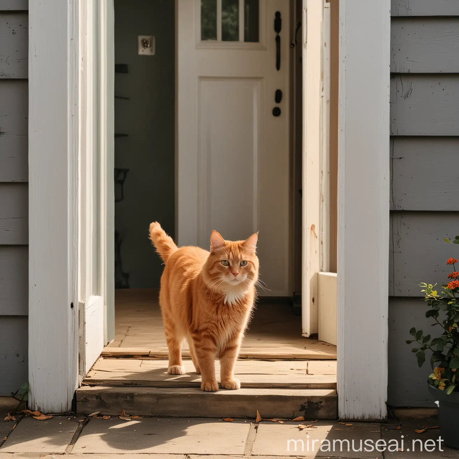 Рыжий пушистый кот стоит на крыльце в проеме открытой двери в дом