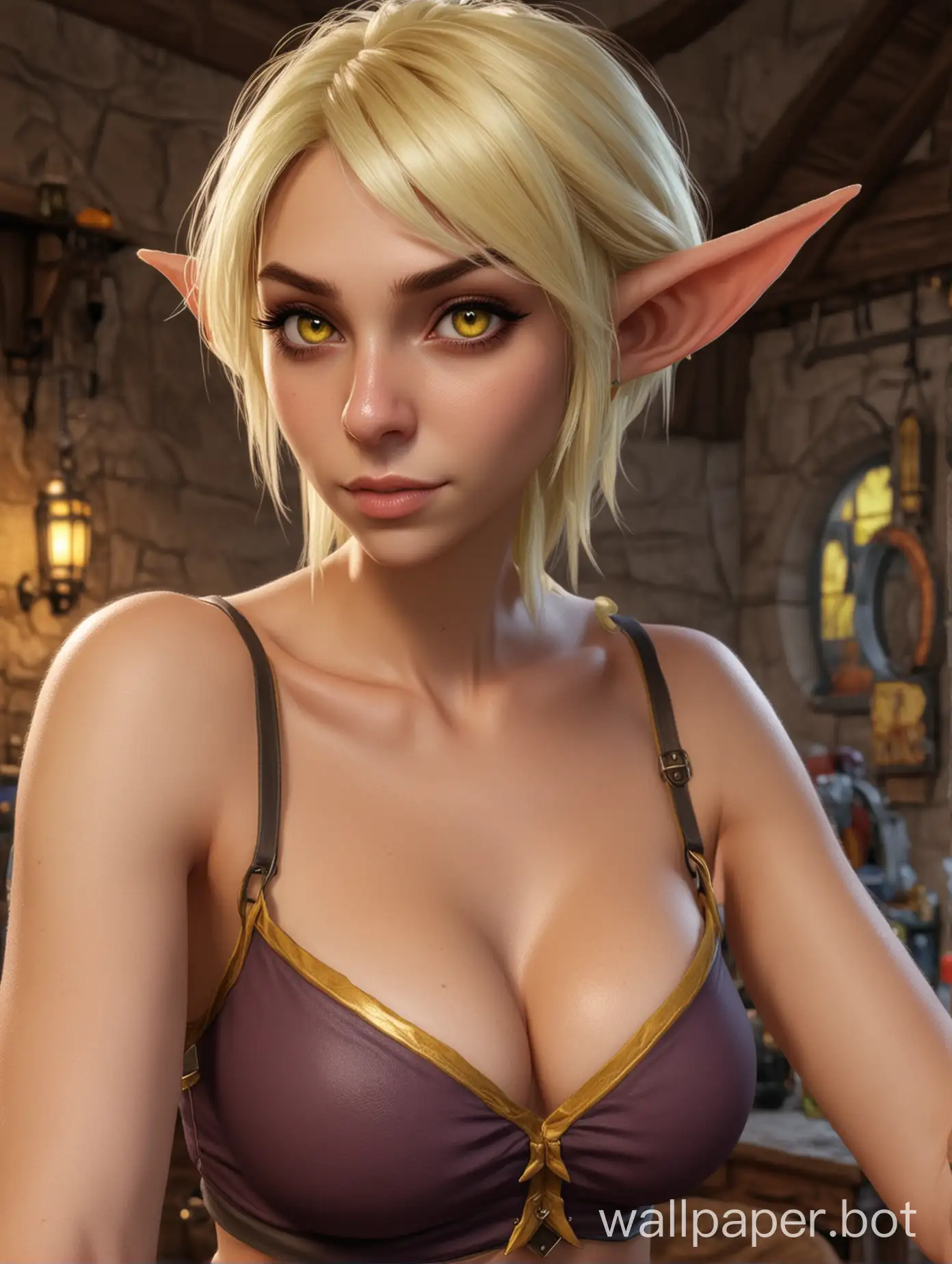 (world of warcraft, in a realistic style,) 
(Girl, hybrid: elf-goblin)
(Build: tall, medium weight, with yellow eyes, with short hair,)
(Voluminous full breasts, Increase breast size by 3 times)
(In a tank top)
In the apartment
Selfie