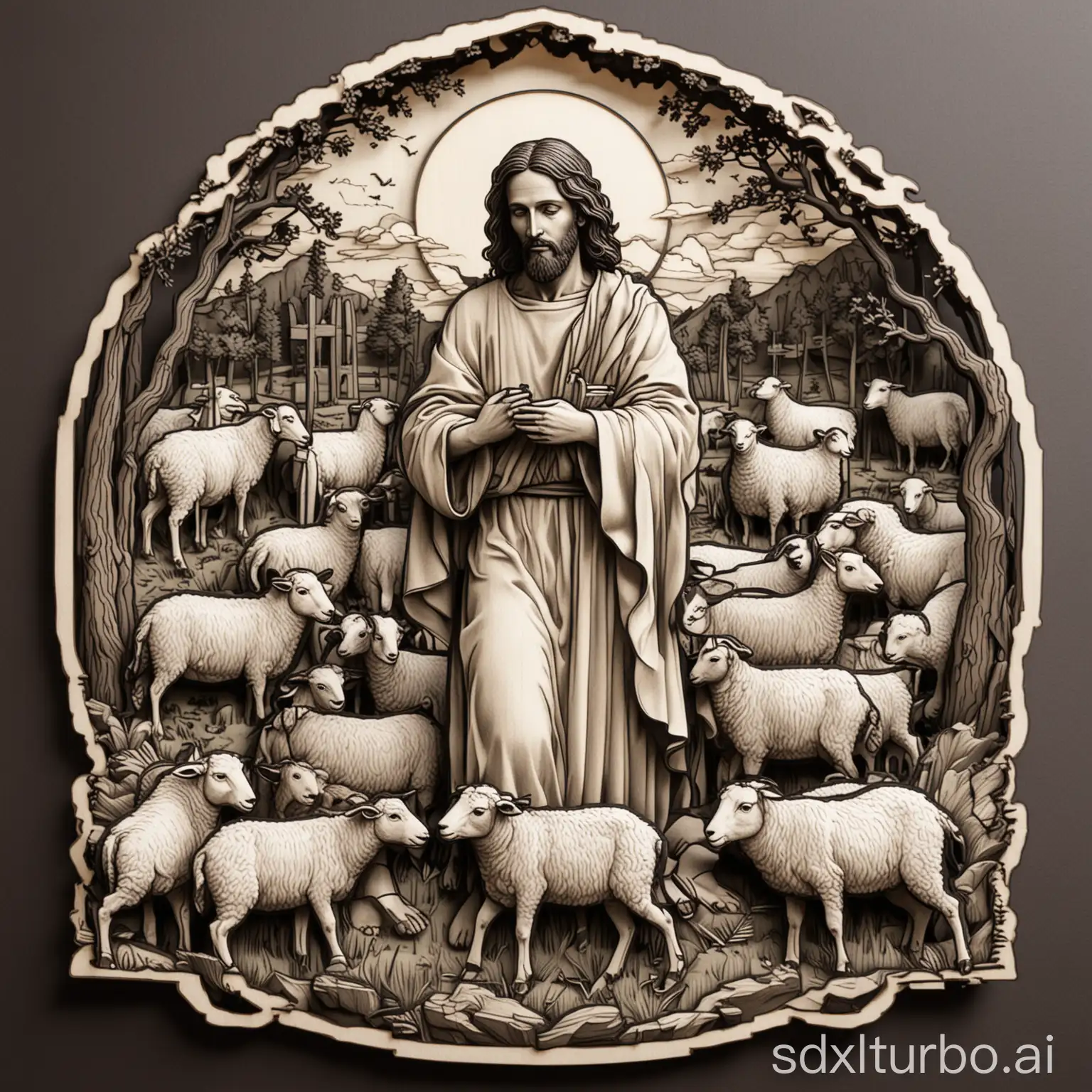 jesus, the good shepherd and his flock of sheep, black and white color to laser cut