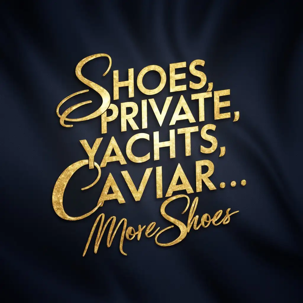 Make a glamorous text logo that says "Shoes, Private Yachts,Caviar...More Shoes