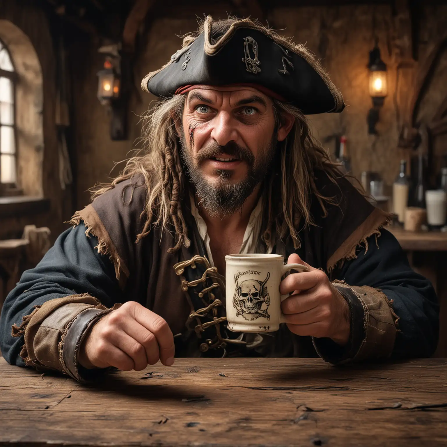 Gruff Pirate Sitting in Medieval Tavern with Mug