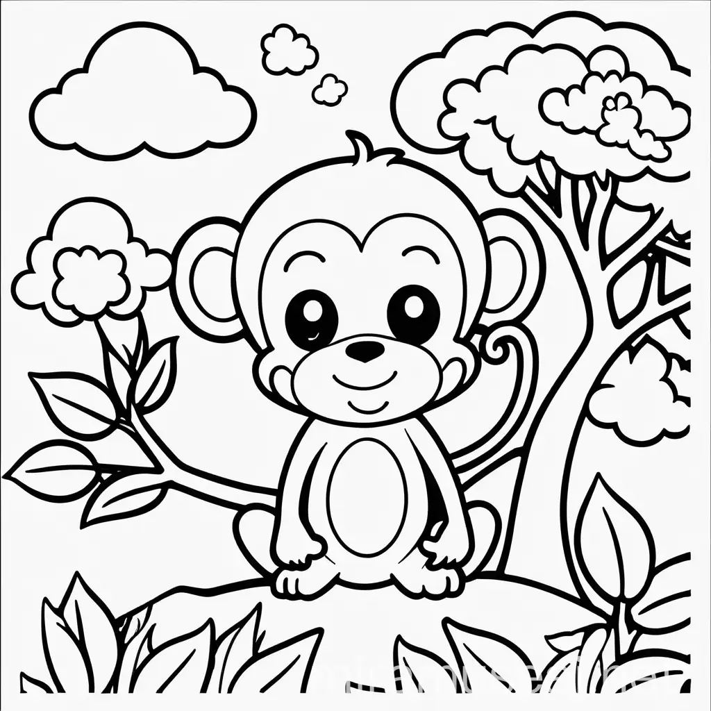 Simple black line cute monkey in the tree, sun ang clouds, Black and white full page coloring page for kids, cute, full page, no borders, simple, shapes with black lines, printable outlined art, thin lines, no shades, crisp lines --style 4b --v4-, white background
