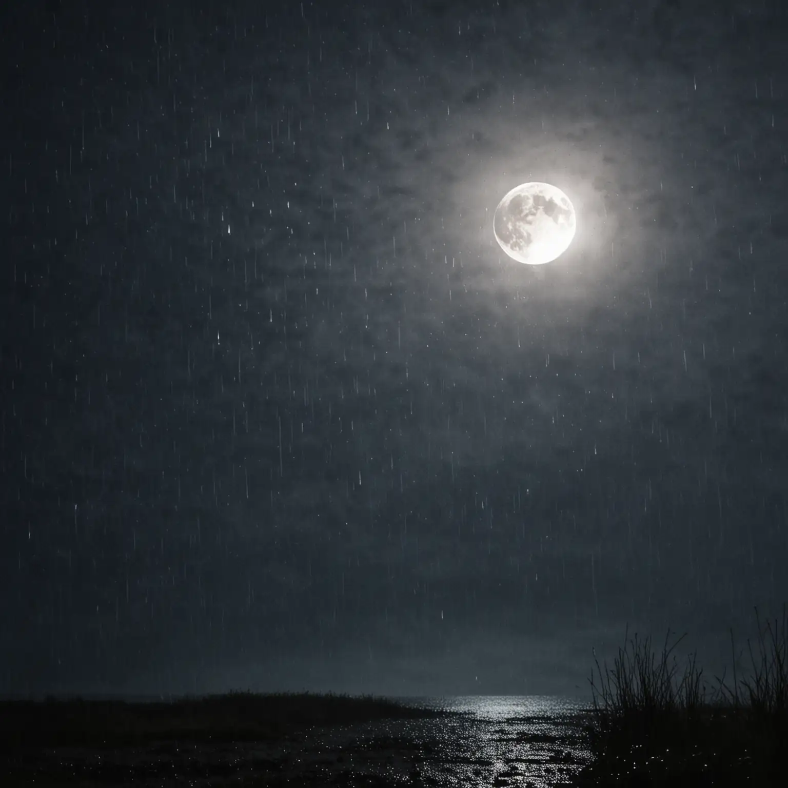 Moonlit Rainy Night Scene Tranquil Rain with Illuminated Moon