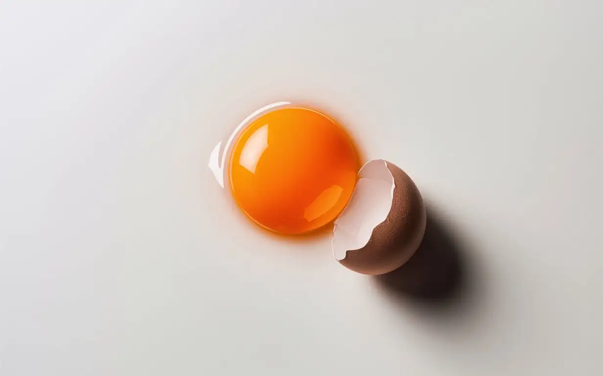 Egg yolk and egg shell isolated on a white background, detailed photo with an aesthetic color palette, stock photography in the style of professional photograph with professional lighting, high resolution HDR image