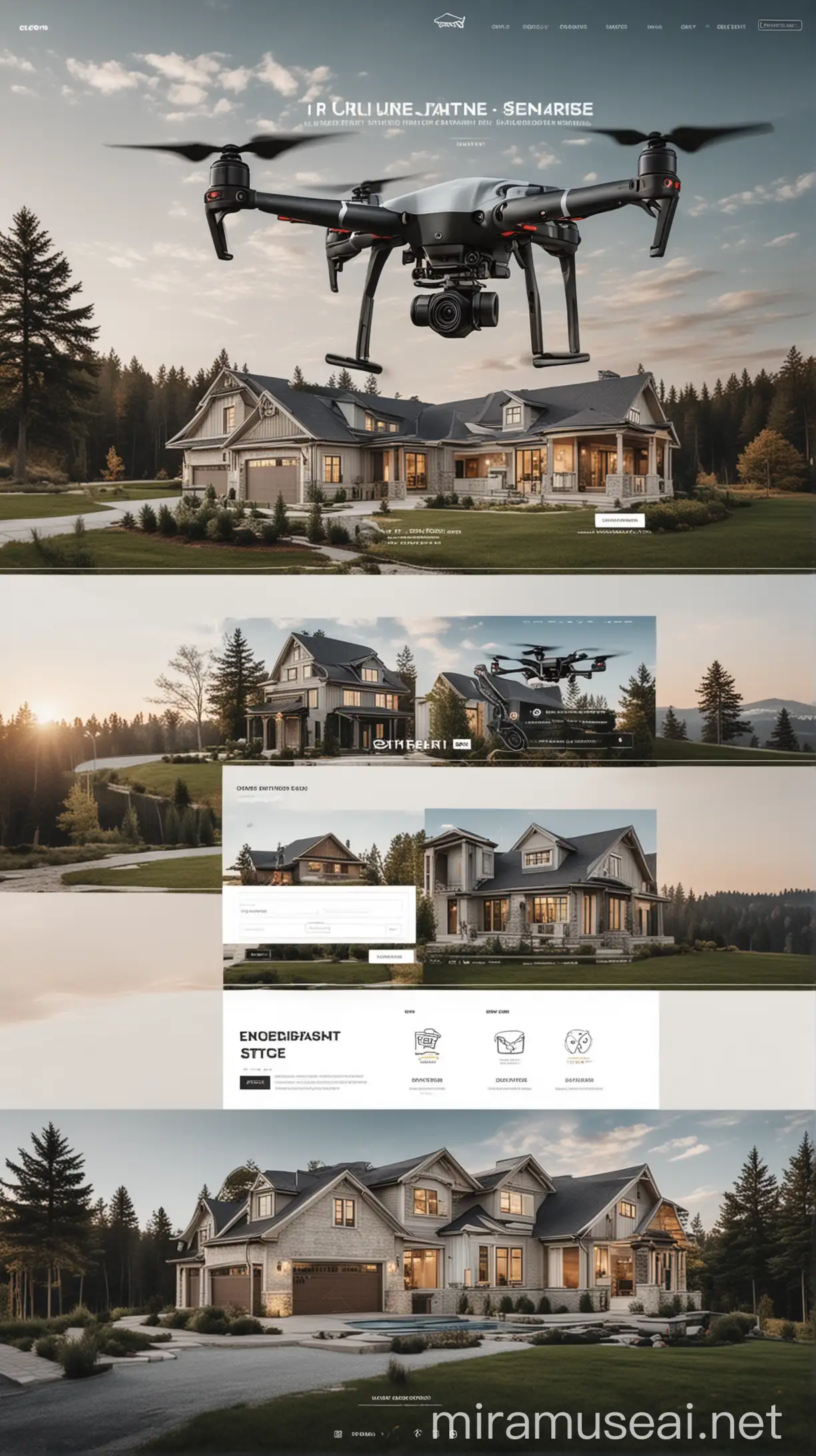 Genera la imagen de una lading page visualmente tecnológica para quien ofrece servicios de Drone para real estate. La web debe ser súper estética y visual