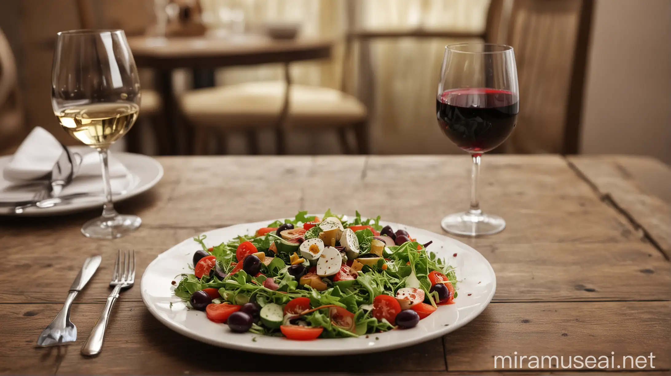 Fresh Salad and Wine on Restaurant Table