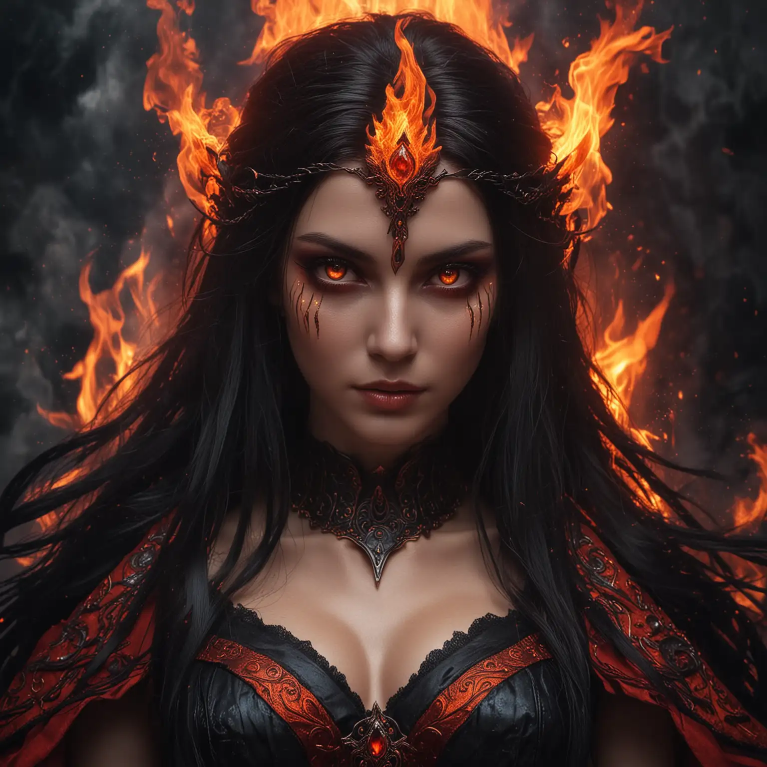 goddess of fire, fantasy, black and orange eyes, beautiful, sexy, dark, evil, black and red clothing.