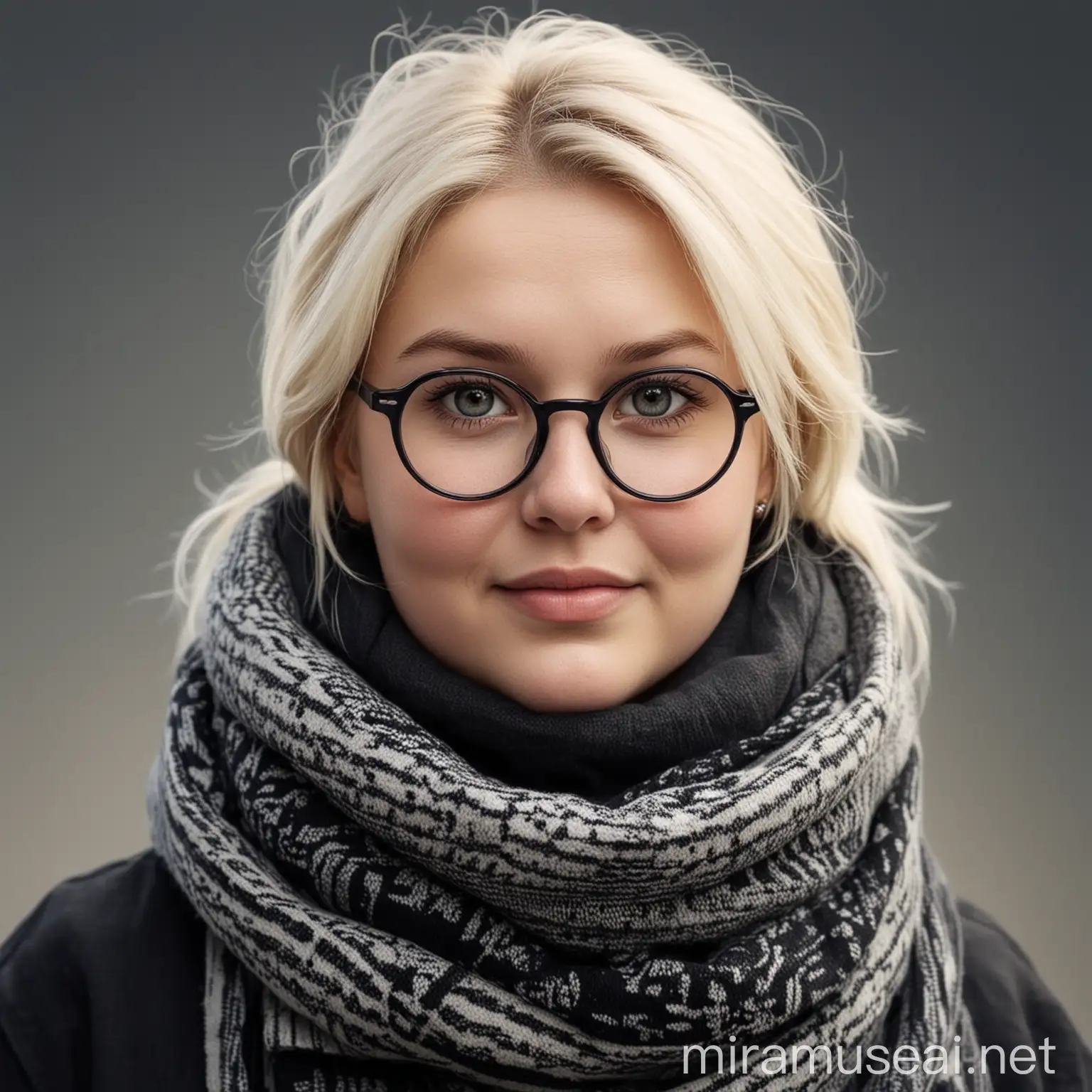 White Scandinavian woman. Very round and chubby face. She is wearing black glasses and a large scarf around her neck.