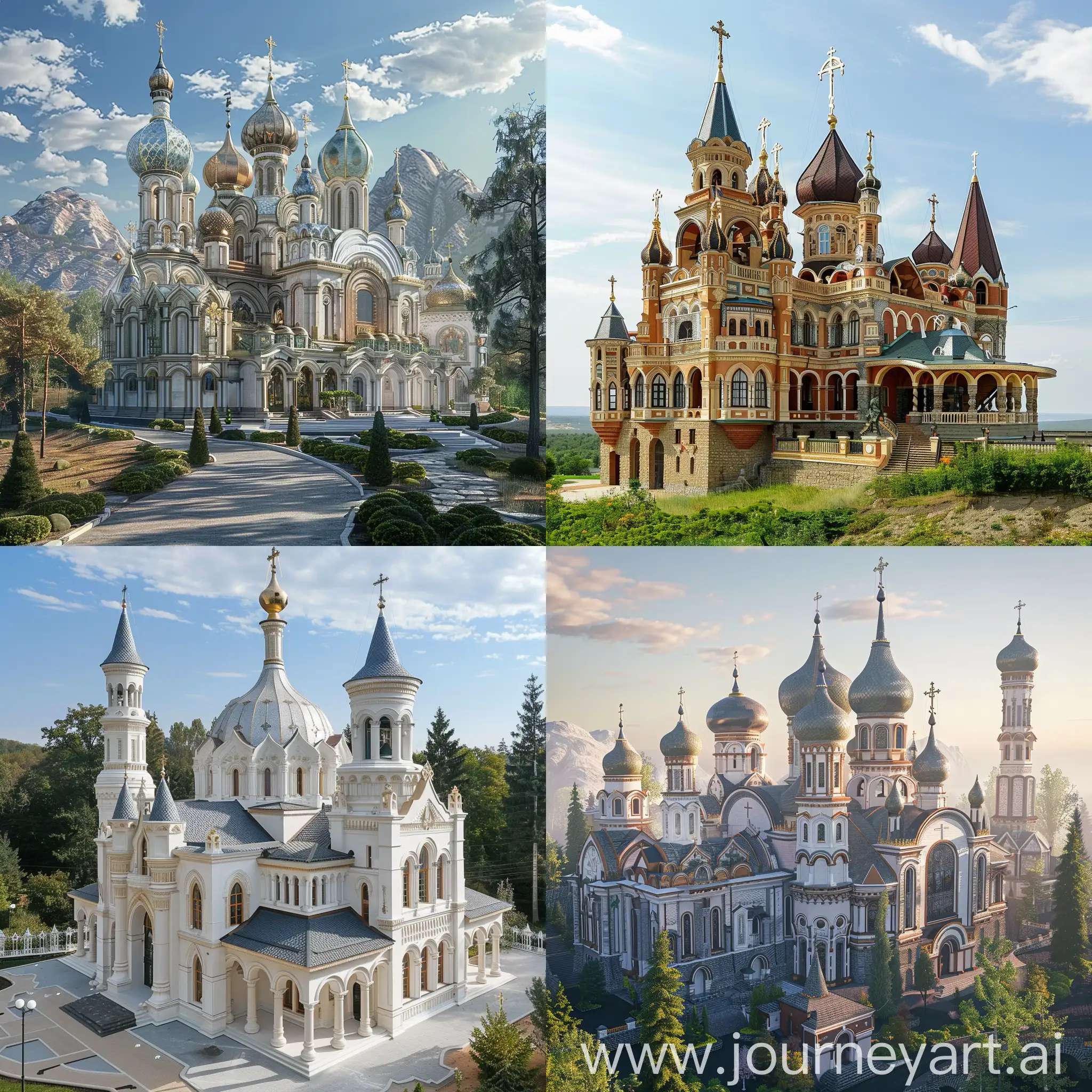 Epic huge palace Orthodox church with high towers, on which domes, Gothic, Baroque are located