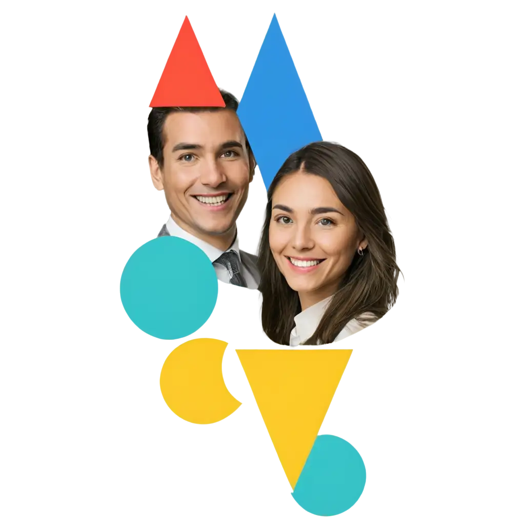 Create a PNG image inspired by the banner on sikayetvar.com that features two human portraits. One portrait should depict a person thinking, and the other should depict a person smiling. Between the two portraits, include various geometric shapes. Use red, blue, and yellow colors for these geometric shapes to create a visually appealing design.

