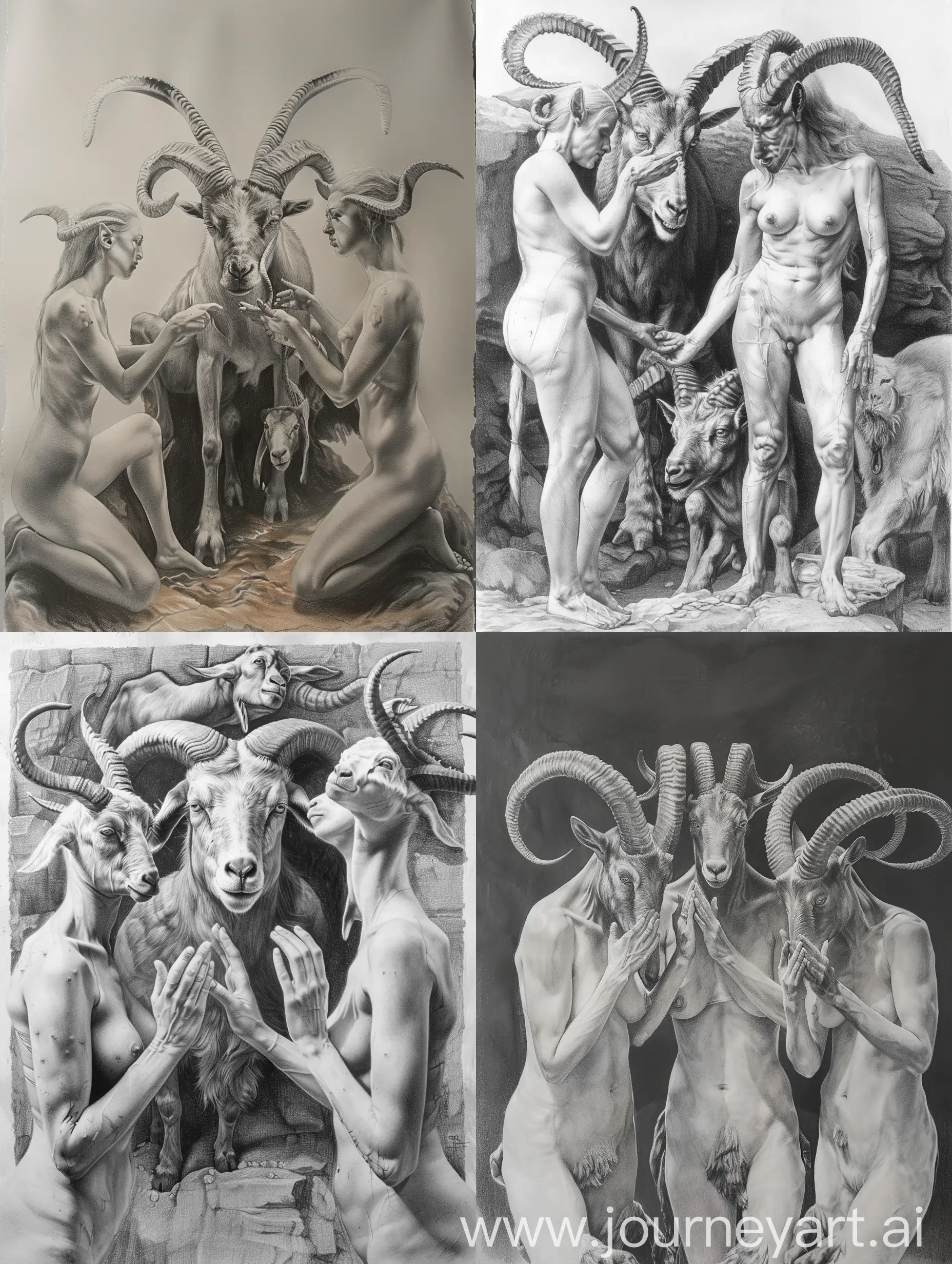 creative dark hyper realistic pencil sketch of three mythological figures, each showing reverence towards the central goat-headed figure in a surreal setting on a large canvas in great details