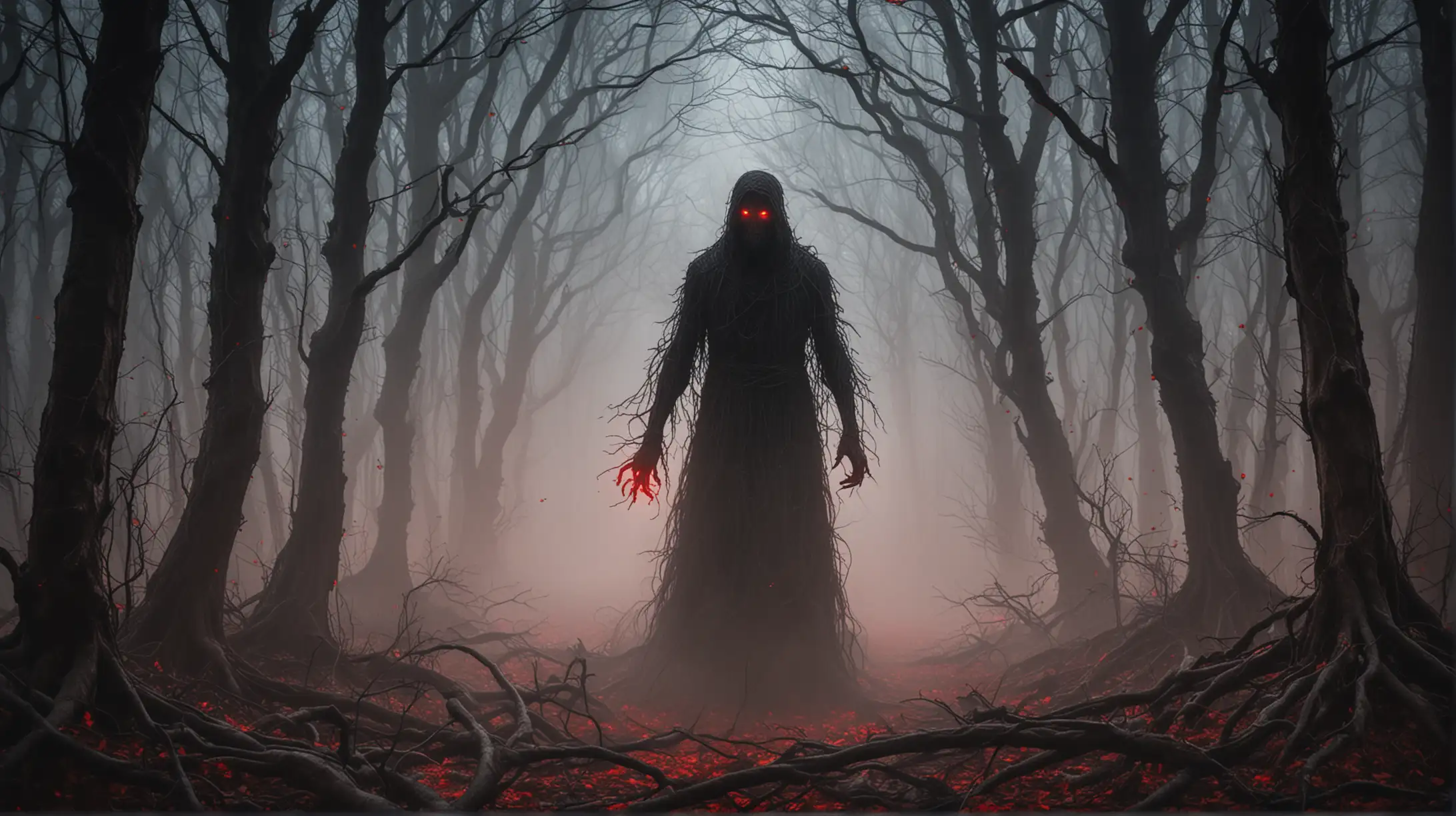 A terrifying, shadowy figure with glowing red eyes emerging from the darkness, surrounded by eerie mist and twisted trees