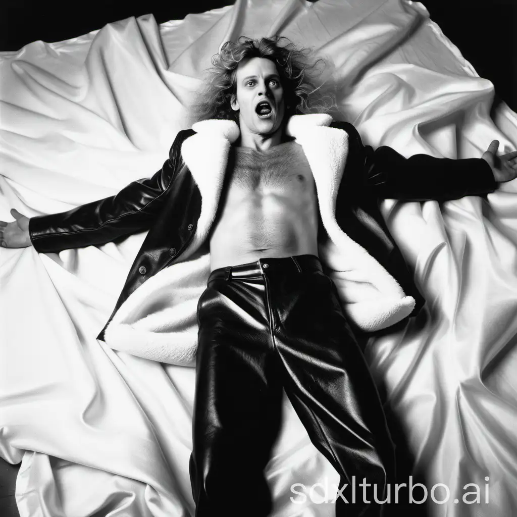 A white man with coarse facial features, ugly, with long, blond, wavy hair, dressed in fur coat and black leather pants. Lying on the floor, arms outstretched, on top of a crumpled white silk. In a 1980s photographic studio. Photograph. Artistic photography from the 1980s. Photograph by Richard Corman. https://richardcorman.com/. Bokeh effect with grain in the photograph. Grayscale. Artificial light. Short medium shot.