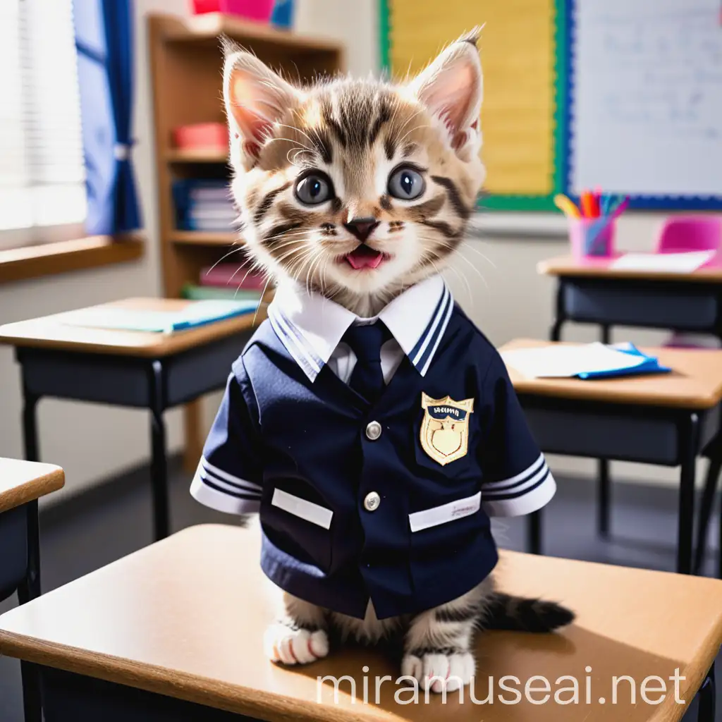 Image of a kitten in a classroom putting on a uniform. Make it creative and awesome 
