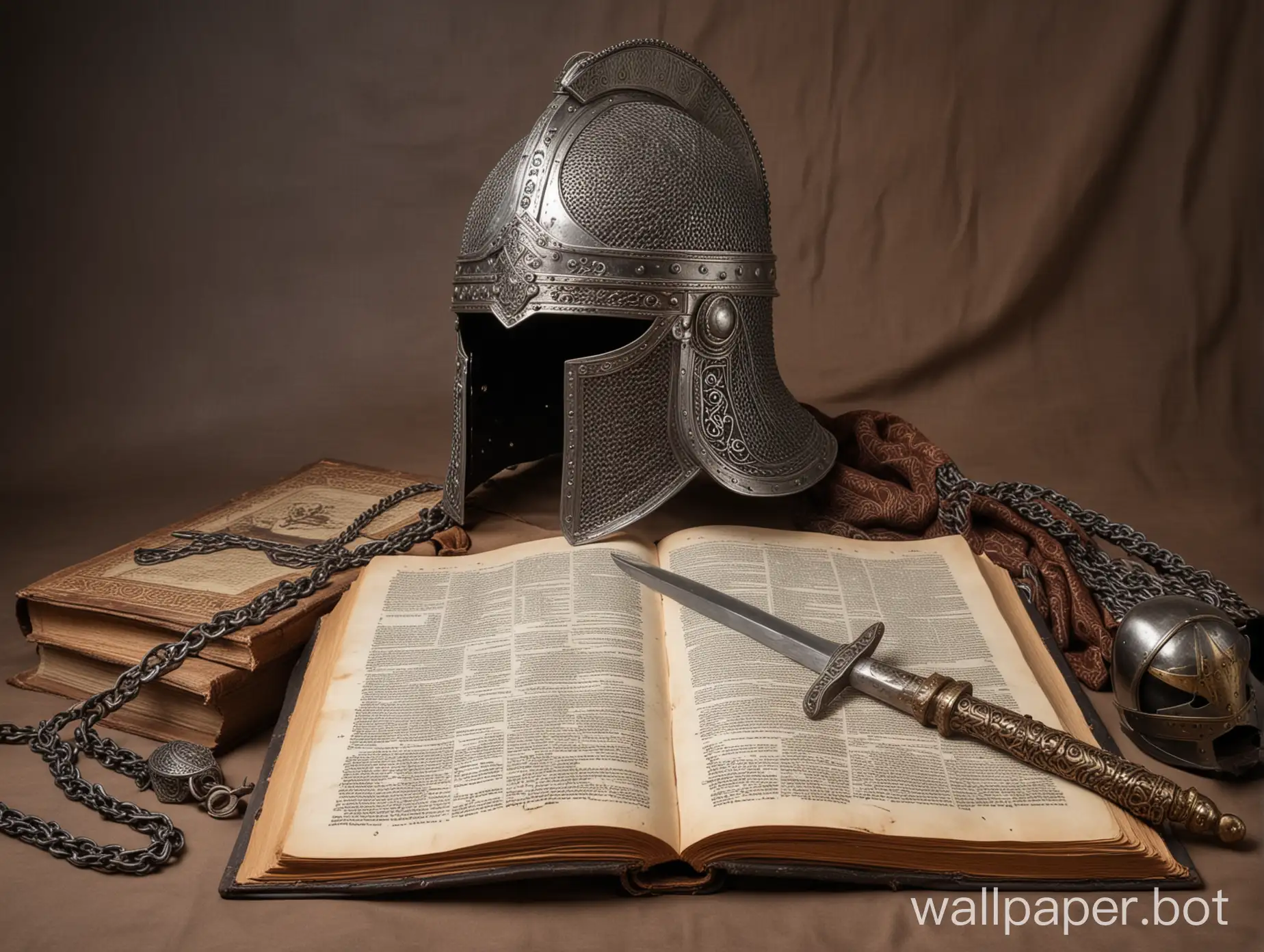 Большой древнерусский шлем, меч, кольчуга, щит, старинная раскрытая книга